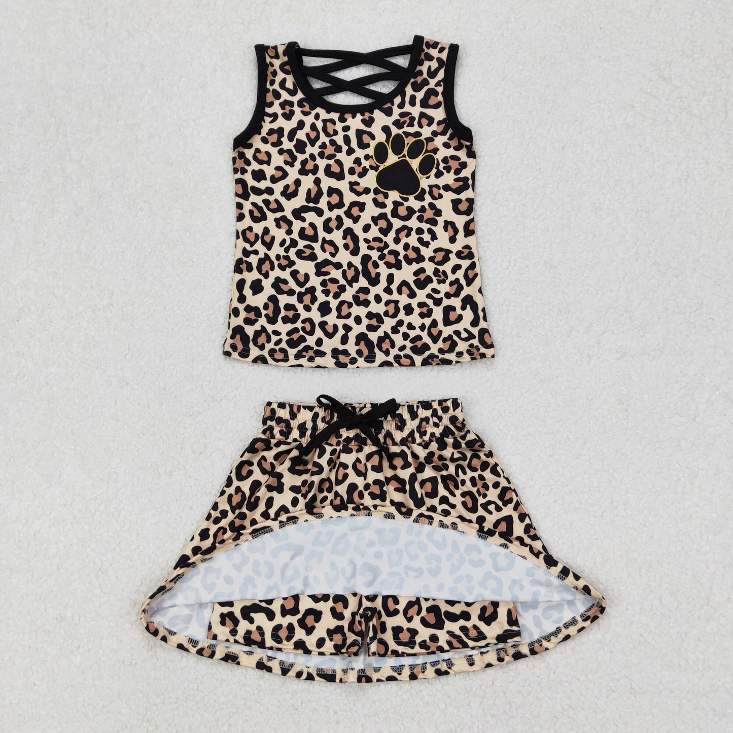 GSD2077 Black brown Leopard print puppy paw Milk silk sleeveless top skirts shorts Girls Boutique Outfits 202503 RTS