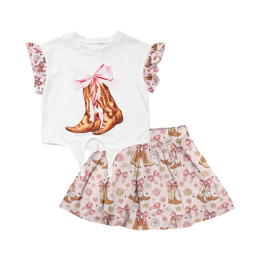 preorder GSD2078 Pink White boots flower bows cowgirl short sleeve top skirts shorts set girl Boutique Summer outfit 202502