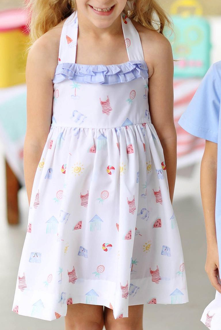 Preorder GSD2079 Blue white beach ball sleeveless dress Girls Boutique Summer outfit 202502
