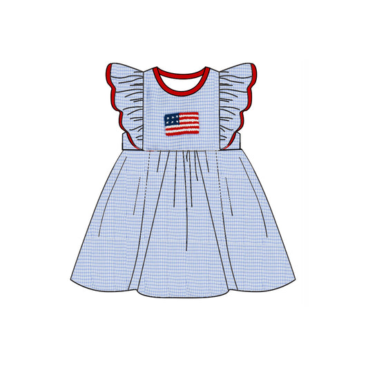 Preorder GSD2081 National day Flag Red fly sleeve blue plaid dress Girls Boutique Summer outfit 202502