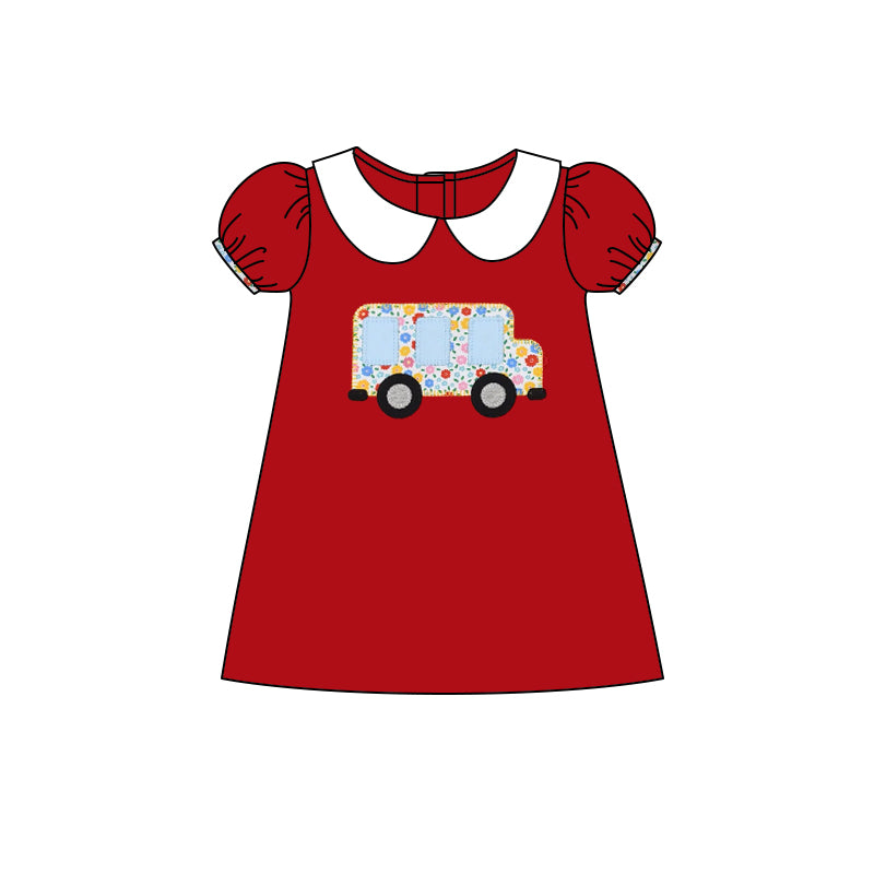 Preorder GSD2082 Red flower bus puff short sleeve dress Girls Boutique Summer outfit 202502