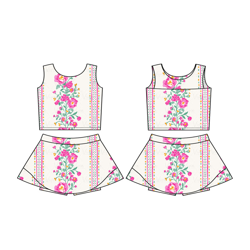 Preorder GSD2084 Yoga Outfit Beige Pink flower leaf striped refreshing vest skirts shorts Girls Boutique Summer clothes 202502
