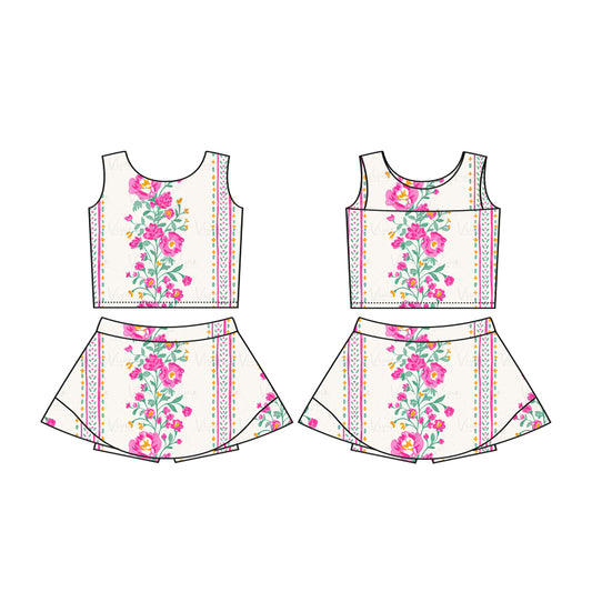 Preorder GSD2084 Yoga Outfit Beige Pink flower leaf striped refreshing vest skirts shorts Girls Boutique Summer clothes  202502