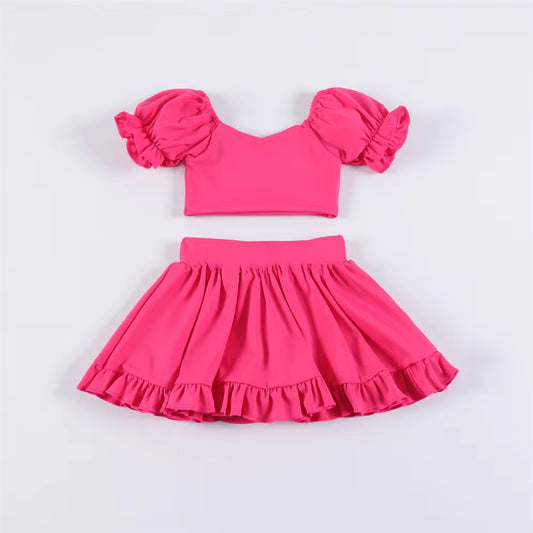 Preorder GSD2098 Yoga Outfit Pure Rose Red Lantern sleeve short sleeve top skirts shorts Girls Boutique outfit 202502