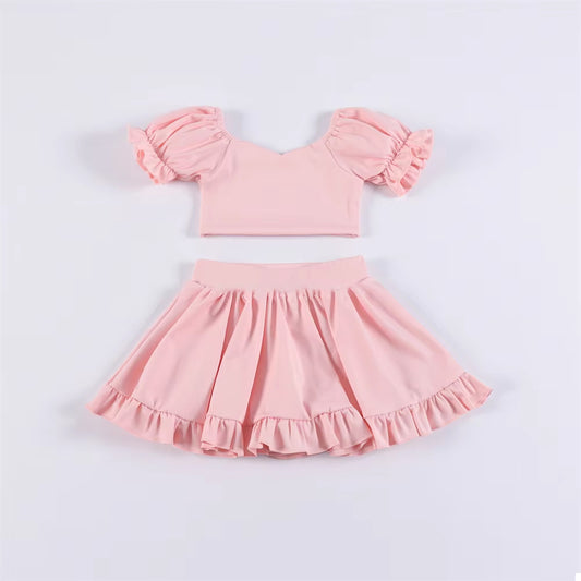 Preorder GSD2100 Yoga Outfit Pure Light Pink Lantern sleeve short sleeve top skirts shorts Girls Boutique outfit 202502
