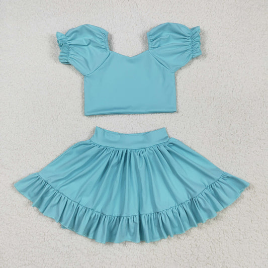 GSD2101 Yoga Outfit Pure Light Blue Lantern sleeve short sleeve top skirts shorts Girls Boutique outfit 202505 RTS