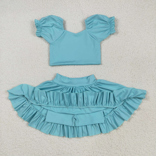 GSD2101 Yoga Outfit Pure Light Blue Lantern sleeve short sleeve top skirts shorts Girls Boutique outfit 202505 RTS