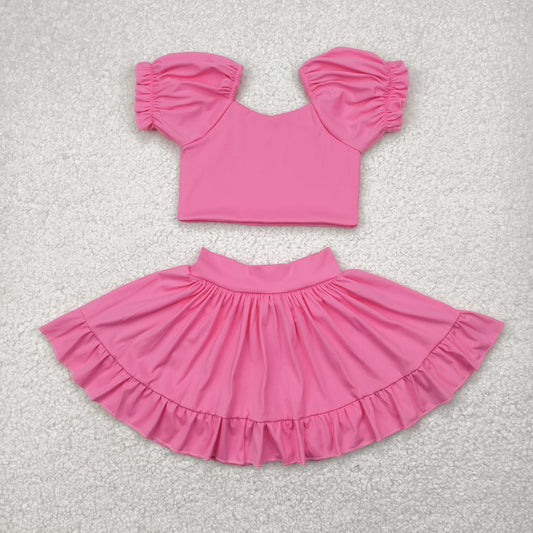 GSD2102 Yoga Outfit Pure Hot Pink Lantern sleeve short sleeve top skirts shorts Girls Boutique outfit 202504 RTS