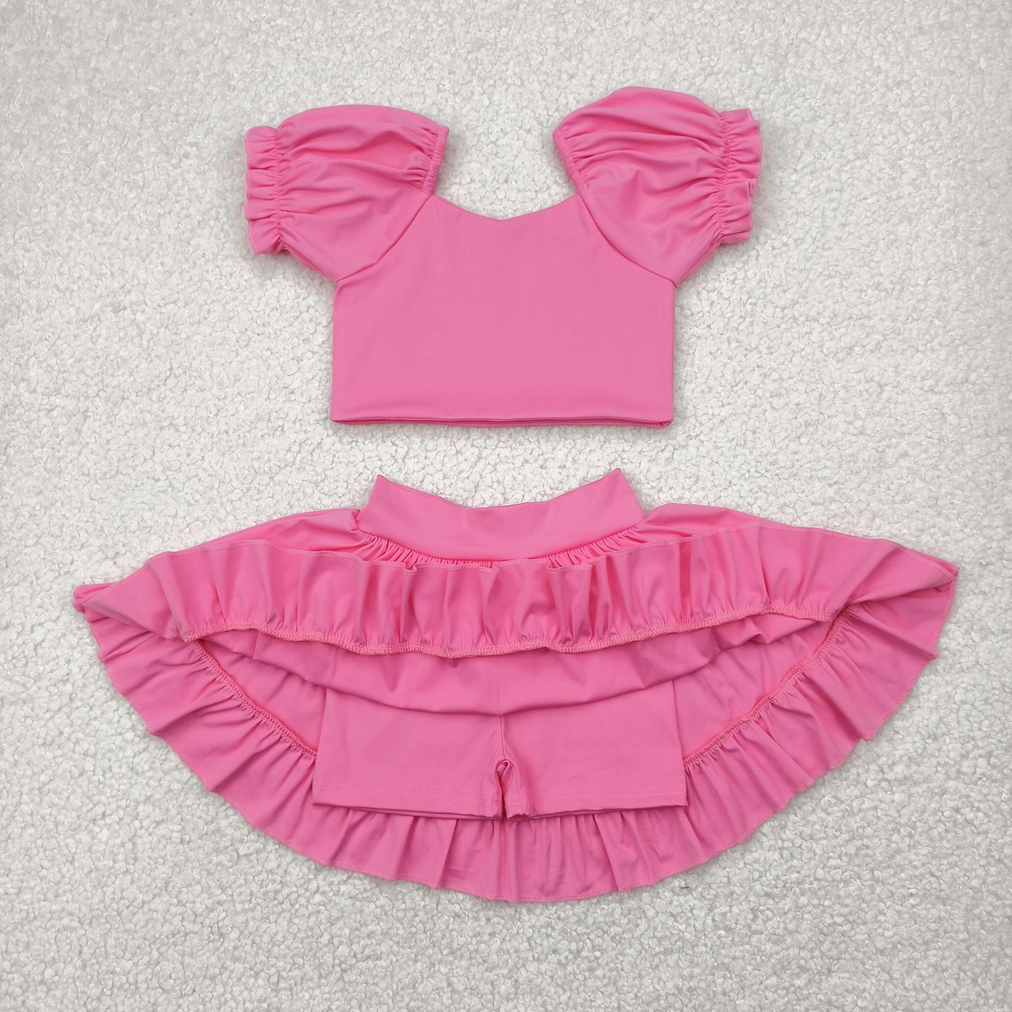 GSD2102 Yoga Outfit Pure Hot Pink Lantern sleeve short sleeve top skirts shorts Girls Boutique outfit 202504 RTS