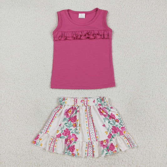 GSD2104 Rose Red Ruffle sleeveless top flower striped skirts sets Girls Boutique outfit 202505 RTS