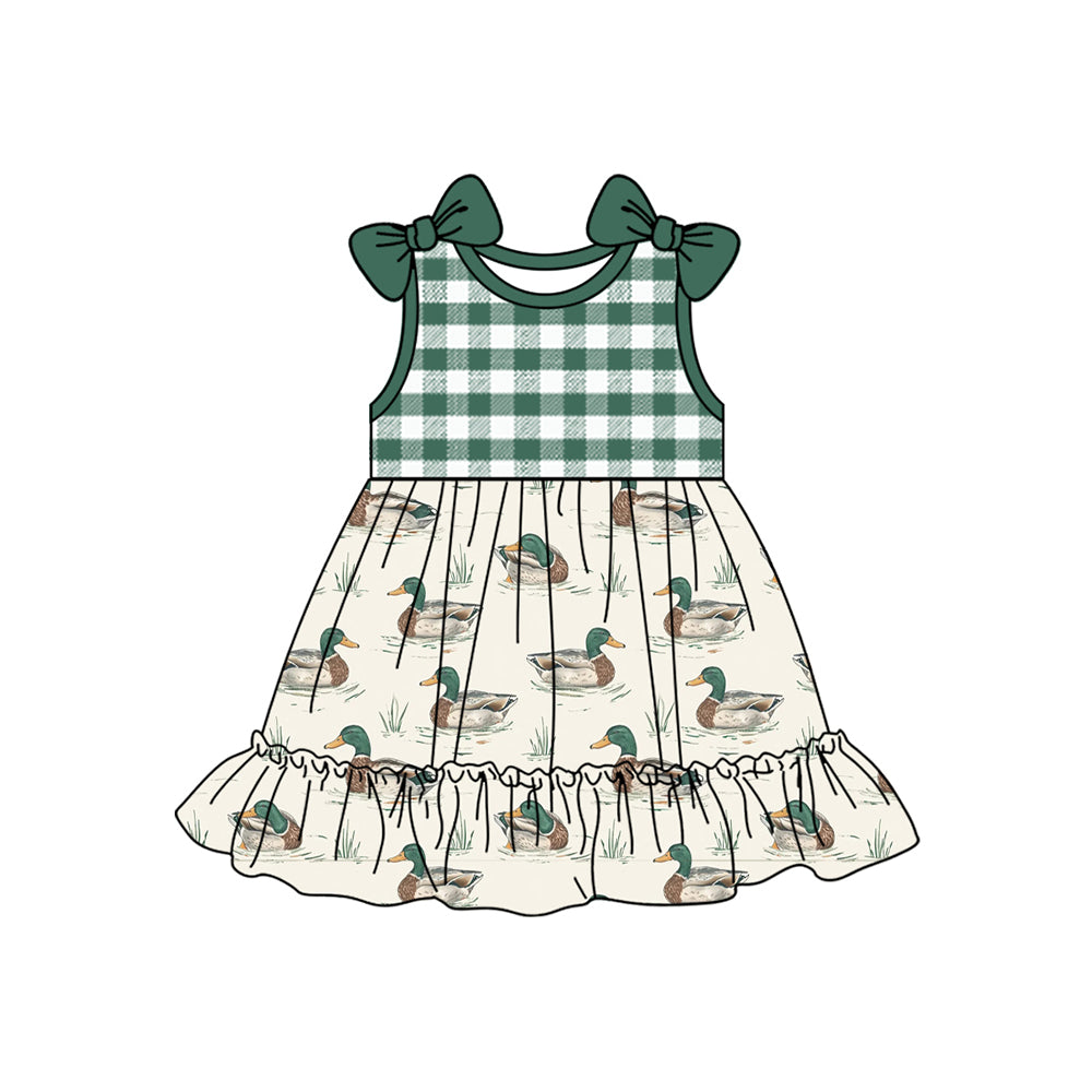preorder GSD2108 Dark green plaid bows duck hunting short sleeve dress Girls Boutique Summer outfit 202502