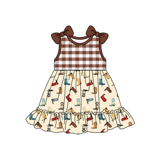 preorder GSD2109 Red Brown plaid bows boots short sleeve dress Girls Boutique Summer outfit 202502