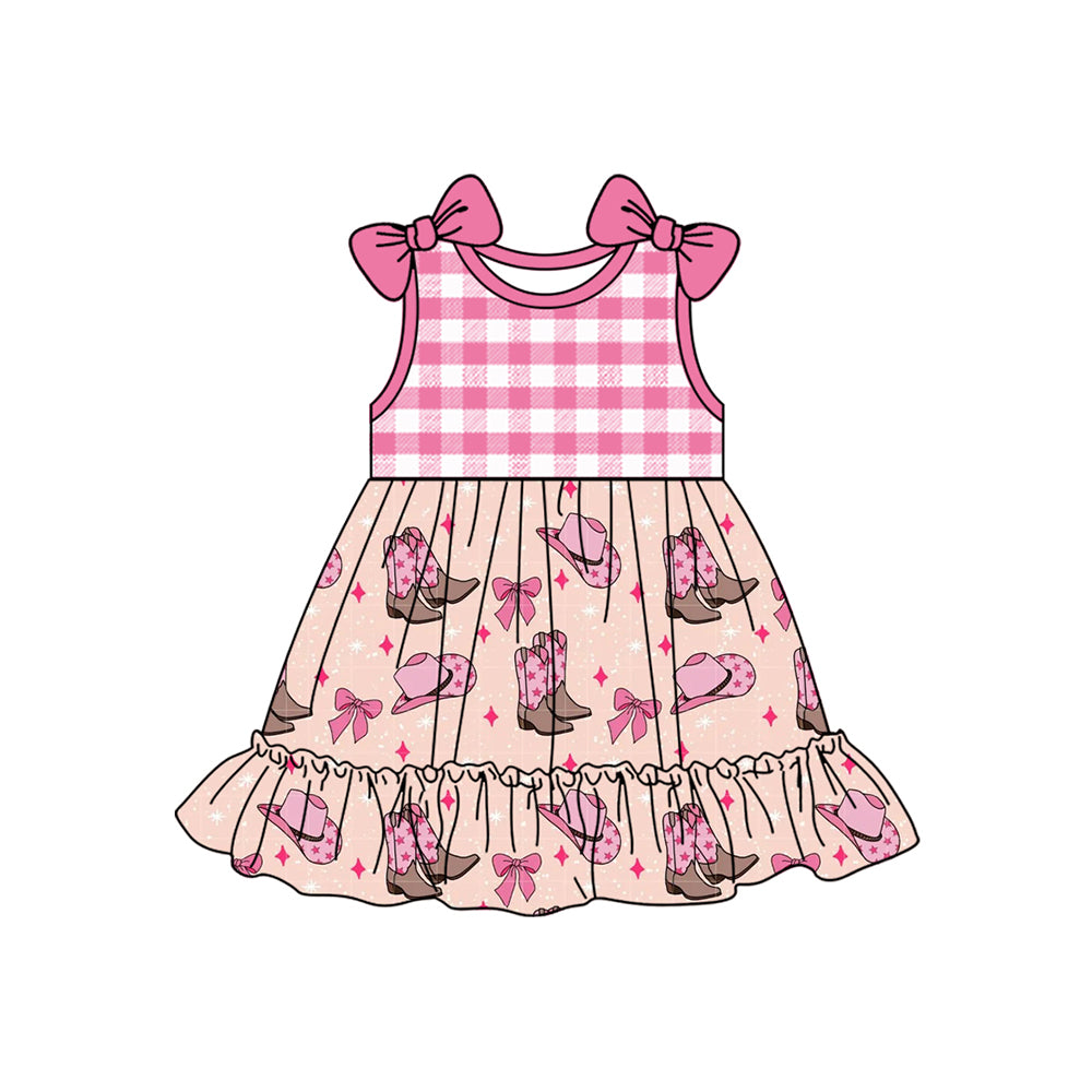 preorder GSD2110 hot pink plaid bows hat boots short sleeve dress Girls Boutique Summer outfit 202502