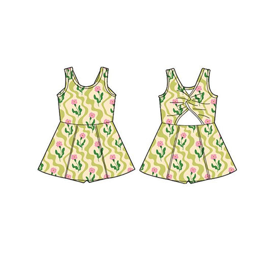 Preorder GSD2112 Yellow Green flower yoga dress girls boutique sleeveless dress 202502