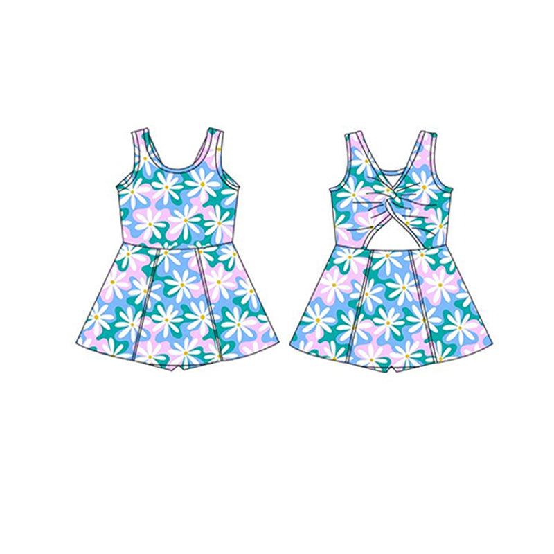 Preorder GSD2114 Blue Pink flower yoga dress girls boutique sleeveless dress 202502