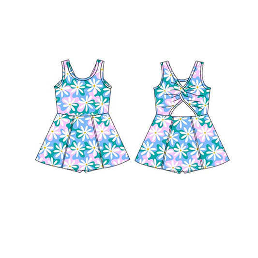 Preorder GSD2114 Blue Pink flower yoga dress girls boutique sleeveless dress 202502