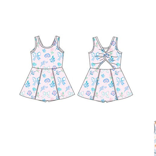 Preorder GSD2115 Light Pink Blue flower bows yoga dress girls boutique sleeveless dress 202502