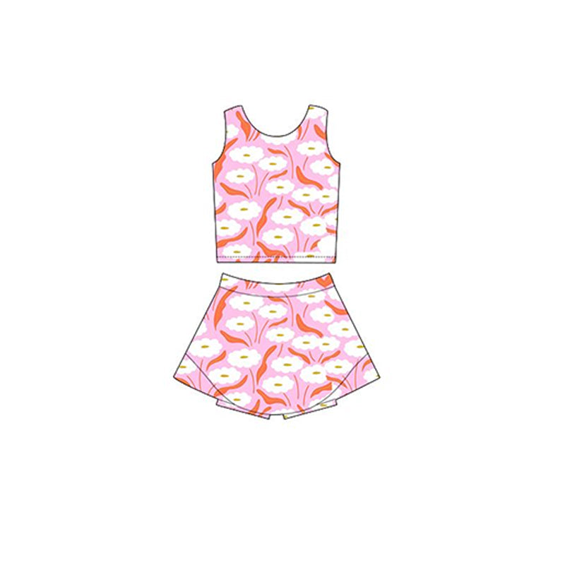 Preorder GSD2118 Yoga Outfit Hot Pink flower sleeveless top skirts shorts Girls Boutique outfit 202502