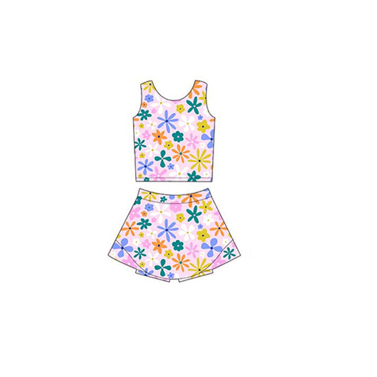 Preorder GSD2120 Yoga Outfit Hot Pink Green flower sleeveless top skirts shorts Girls Boutique outfit 202502