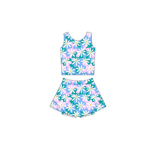 Preorder GSD2121 Yoga Outfit Blue Pink flower sleeveless top skirts shorts Girls Boutique outfit 202502