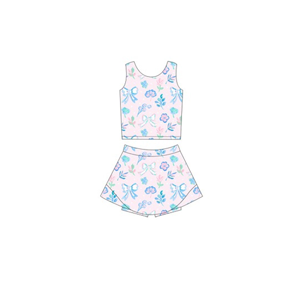 Preorder GSD2122 Yoga Outfit Light Pink Blue bows flower sleeveless top skirts shorts Girls Boutique outfit 202502