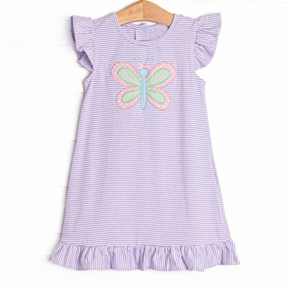 Preorder GSD2128 Purple Striped Bow Flying short sleeve dress girls boutique dress 202502