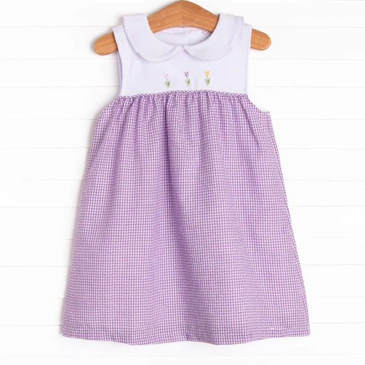 Preorder GSD2129 White Purple Plaid Flower sleeveless dress girls boutique dress 202502