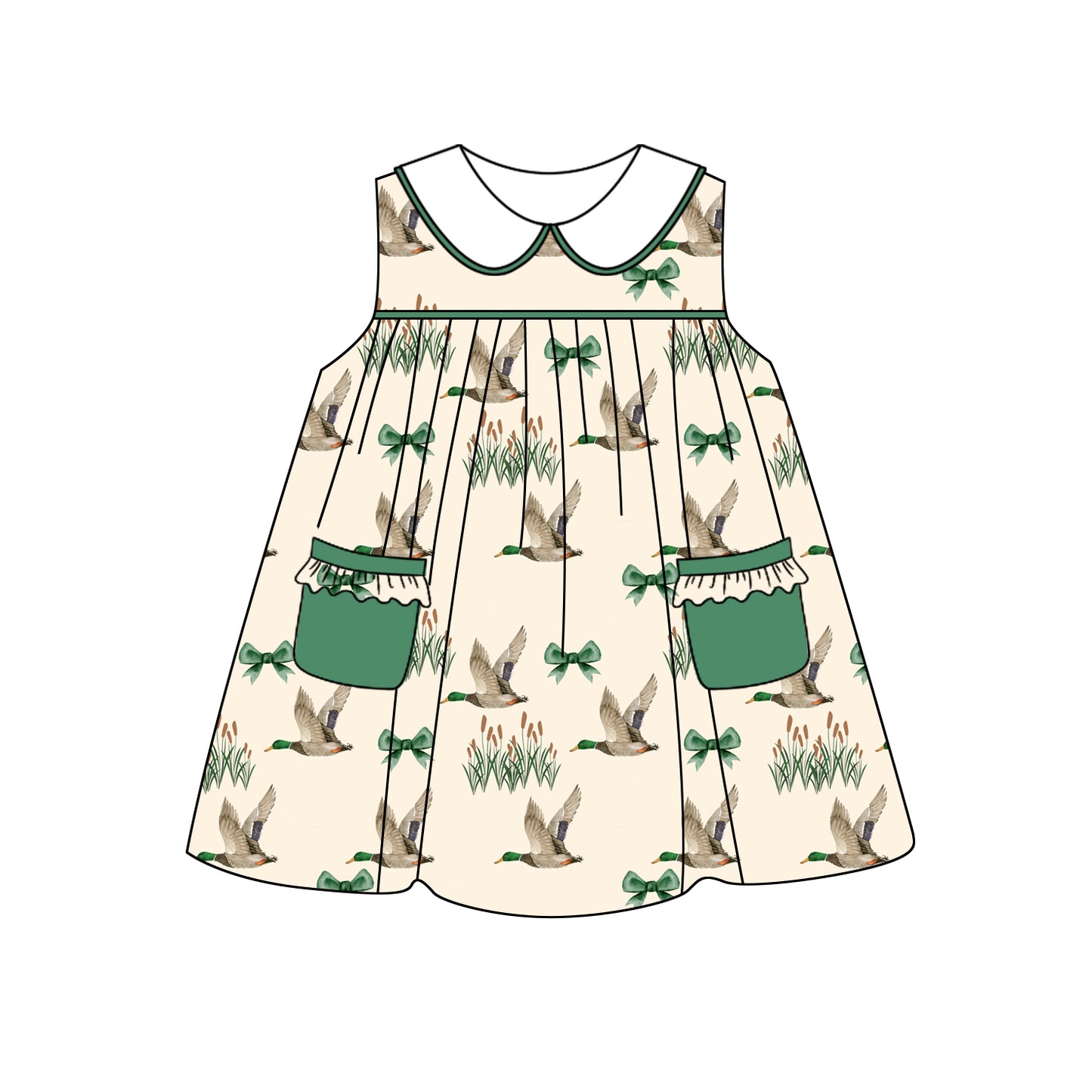 Preorder GSD2130 Duck hunting clothes Green Ruffle pocket brown sleeveless dress girls boutique dress 202502