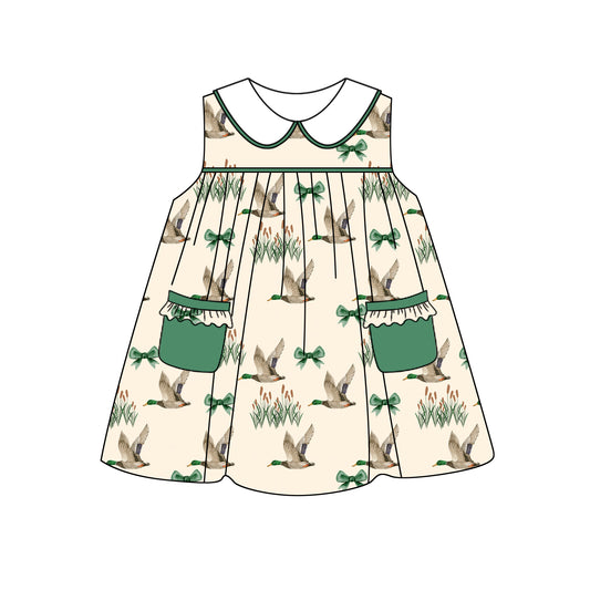 Preorder GSD2130 Duck hunting clothes Green Ruffle pocket brown sleeveless dress girls boutique dress 202502
