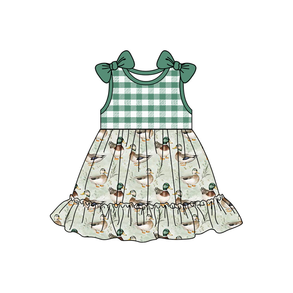 Preorder GSD2131 Duck hunting clothes Green Plaid Bow sleeveless dress girls boutique dress 202502