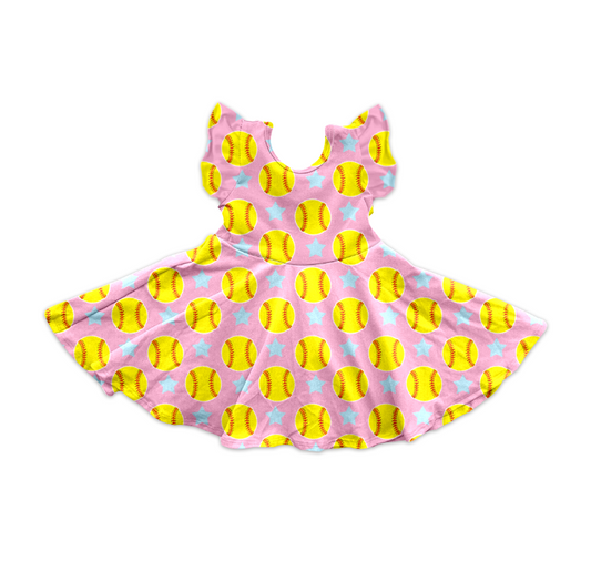 Preorder GSD2133 Pink Yellow Baseball star ruffle sleeveless dress girls boutique dress 202502