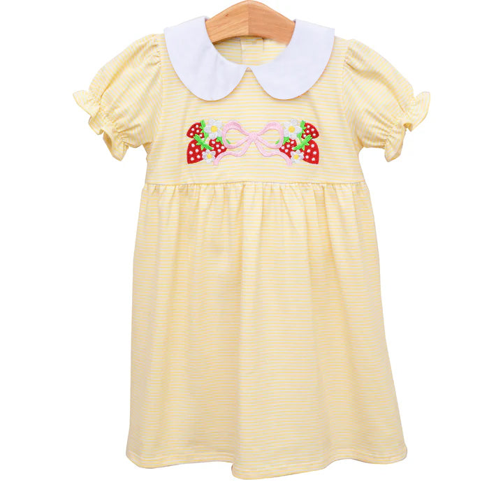 preorder GSD2138 Yellow Bows Strawberry Doll collar short sleeve Dress Independence Day Smocked Girls clothes 202502