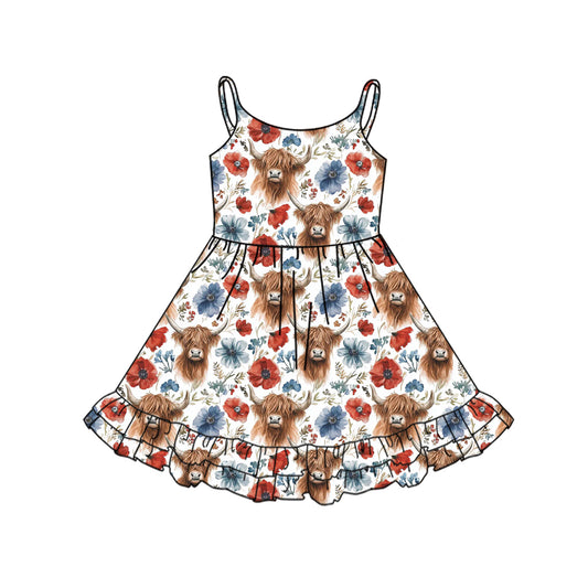 preorder GSD2143 Red Blue Cow flower Sleeveless Dress Girls boutique outfit 202502
