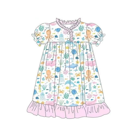 preorder GSD2144 Pink Marine animal ruffle short sleeve Dress Girls boutique outfit 202502