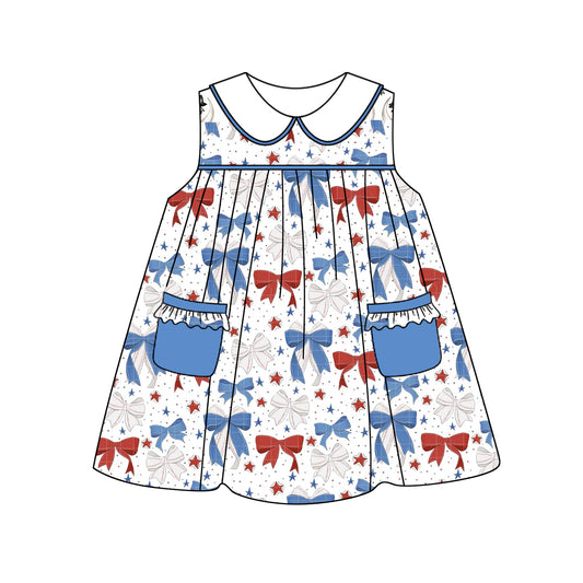 preorder GSD2148 4th of July USA Red Blue Star Bows Pocket Ruffle sleeveless Dress Girls boutique outfit 202502
