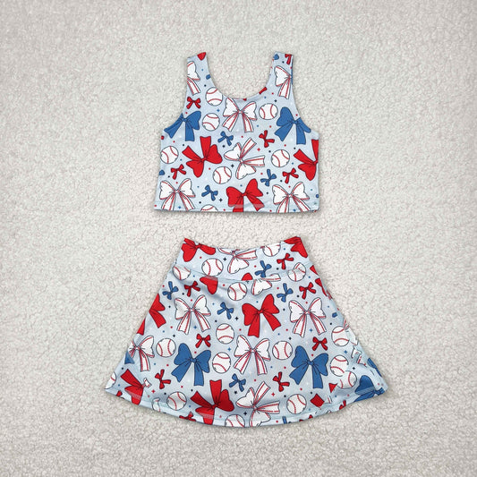 GSD2151 Yoga outfit Red Blue Baseball Bows Sleeveless top skirts shorts 2 pieces set Girls Boutique outfit 202504 RTS