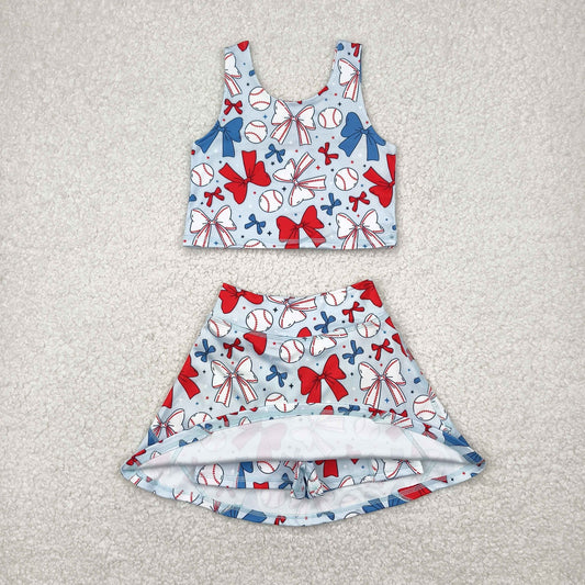 GSD2151 Yoga outfit Red Blue Baseball Bows Sleeveless top skirts shorts 2 pieces set Girls Boutique outfit 202504 RTS