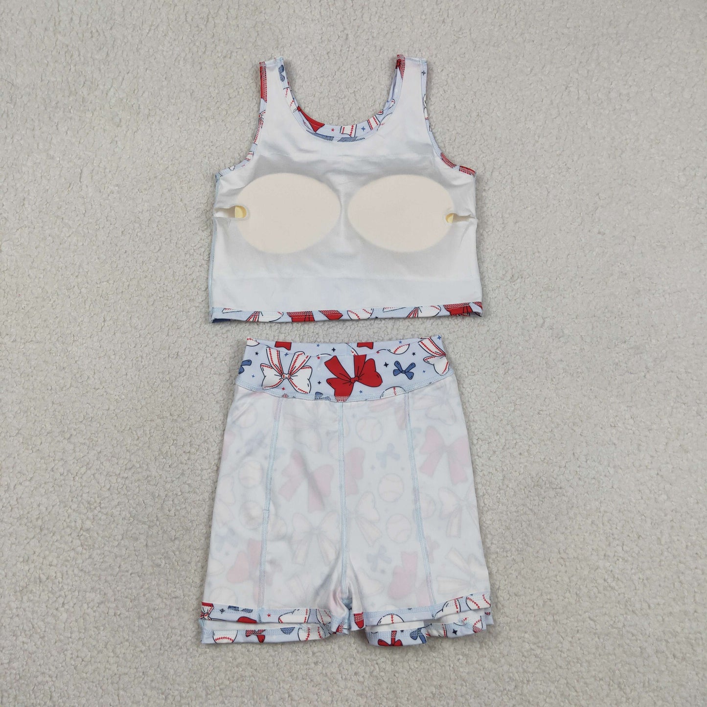 New GSD2151 Red Blue Baseball Bows Star Sleeveless Top Skirts Shorts 2 Pieces Girls Yoga Sets 202605 RTS