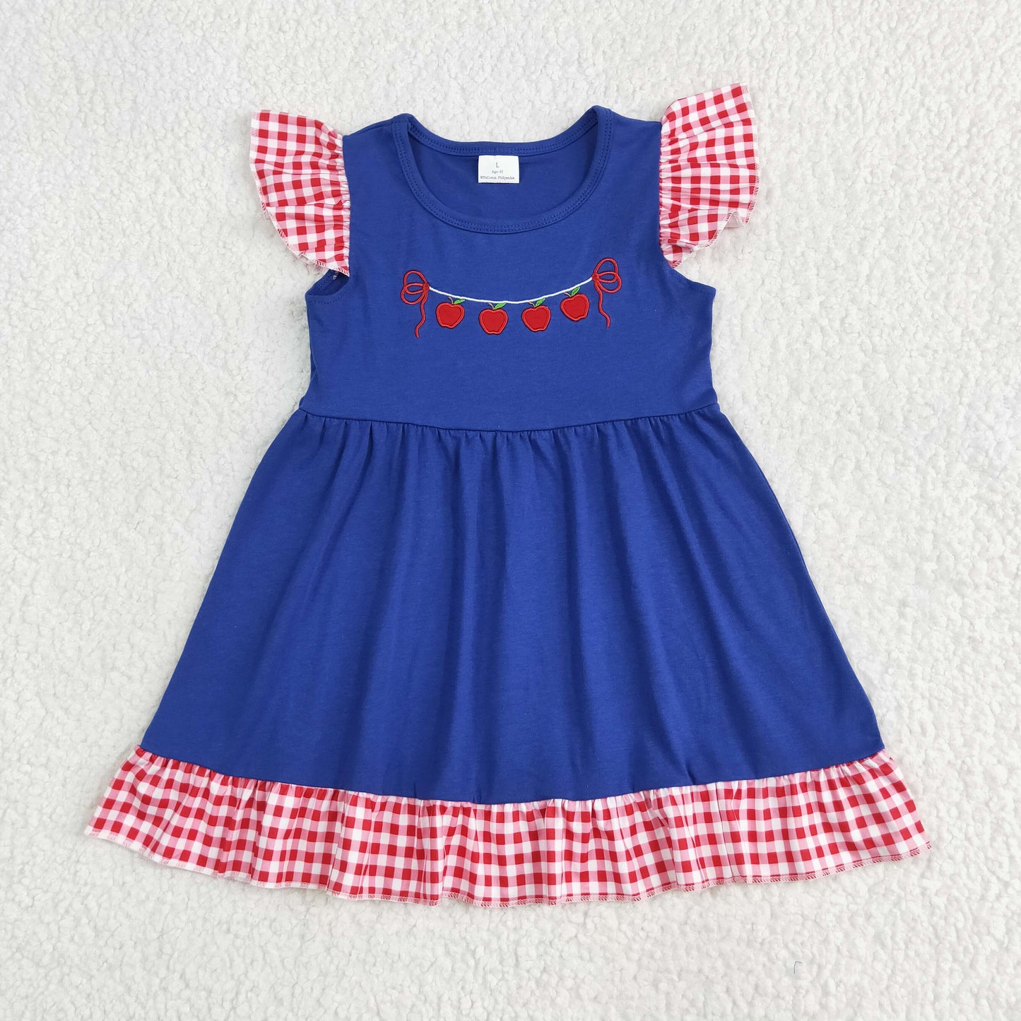GSD2153 embroidered Red apple Navy Blue ruffle fly sleeve Dress Girls boutique outfit 202506 RTS