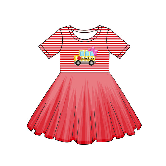 preorder GSD2154 School Bus Bow Red Striped Pleated short sleeve Dress Girls boutique outfit 202502