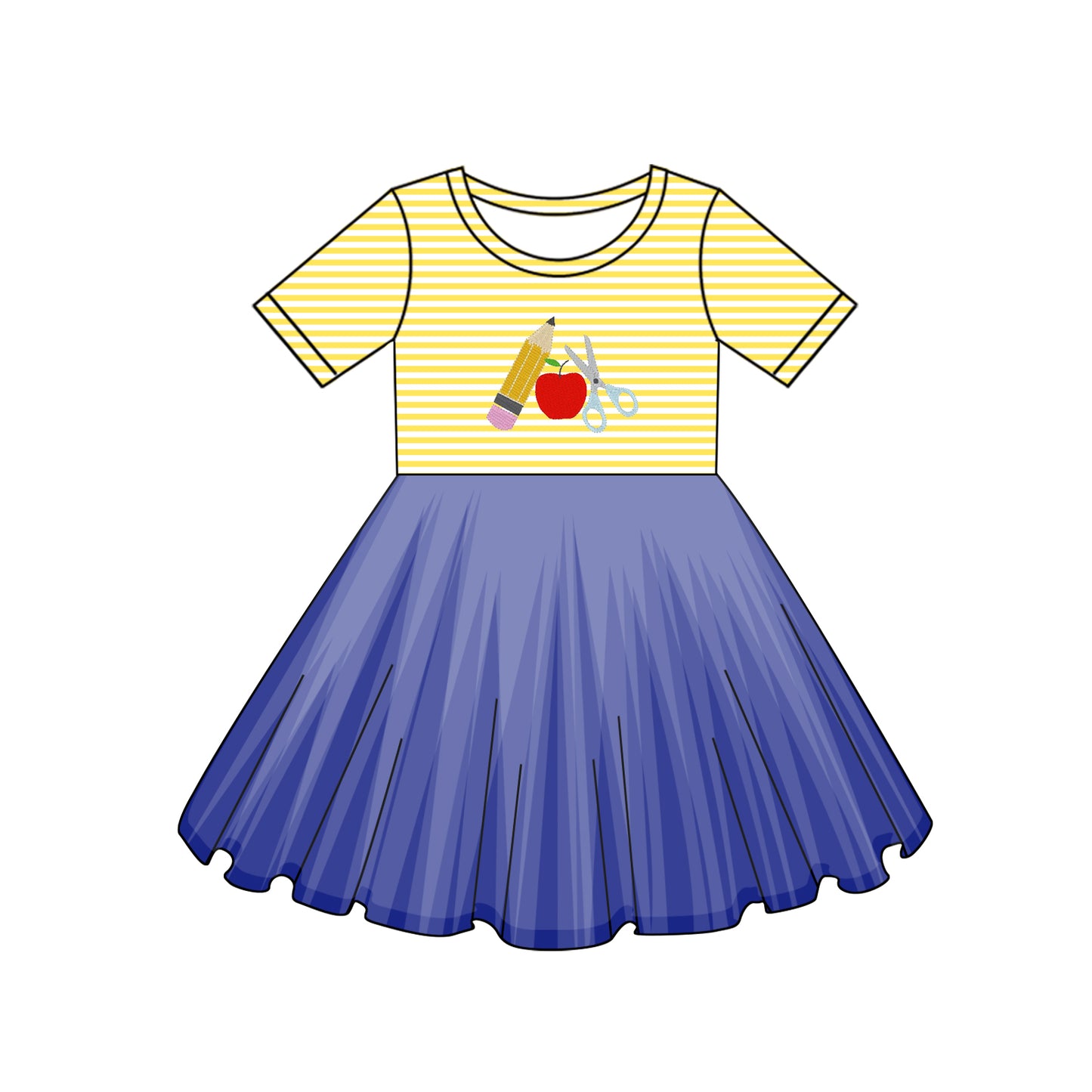 preorder GSD2155 Pencil Apple Yellow Striped Dark Purple Pleated short sleeve Dress Girls boutique outfit 202502