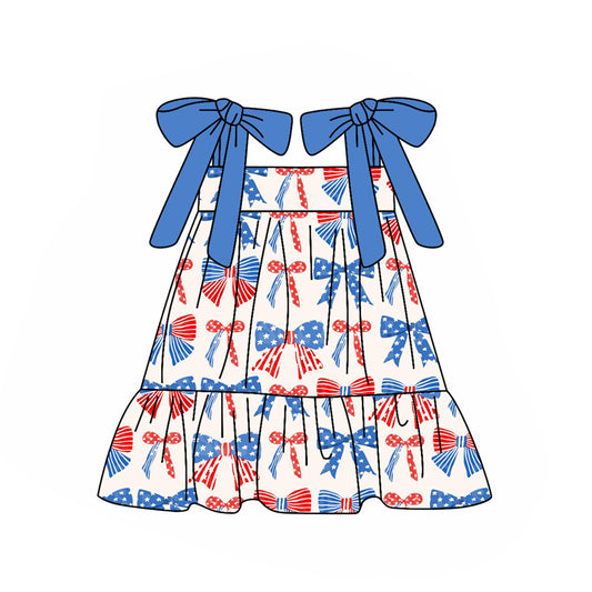 preorder GSD2172 4th of July American Blue Red Bows Sleeveless Dress Girls Boutique clothes  202502
