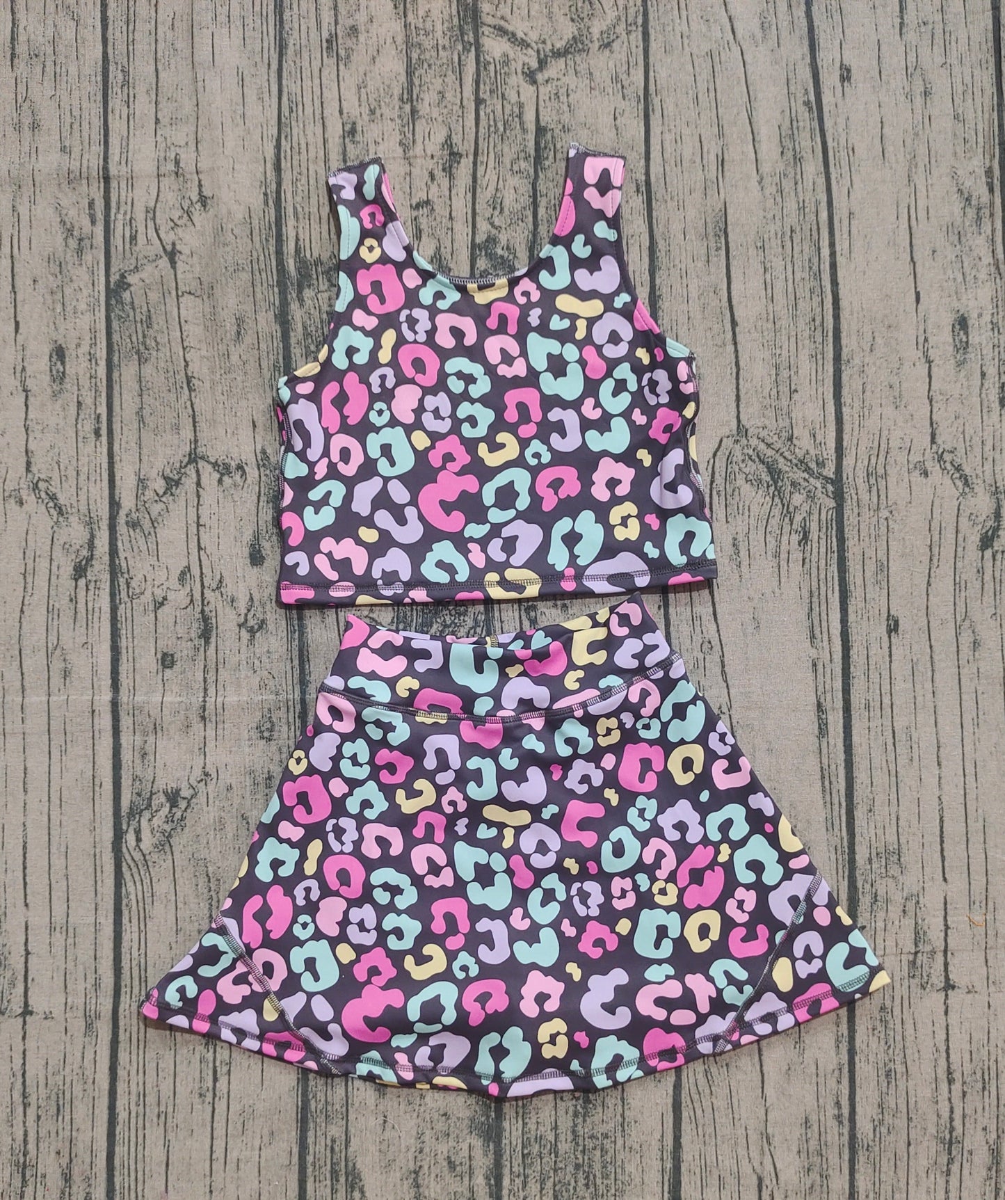 NO MOQ preorder GSD2176 Colored Leopard Sleeveless Top Skirts Shorts 2 pieces Girls Yoga Sets 202509