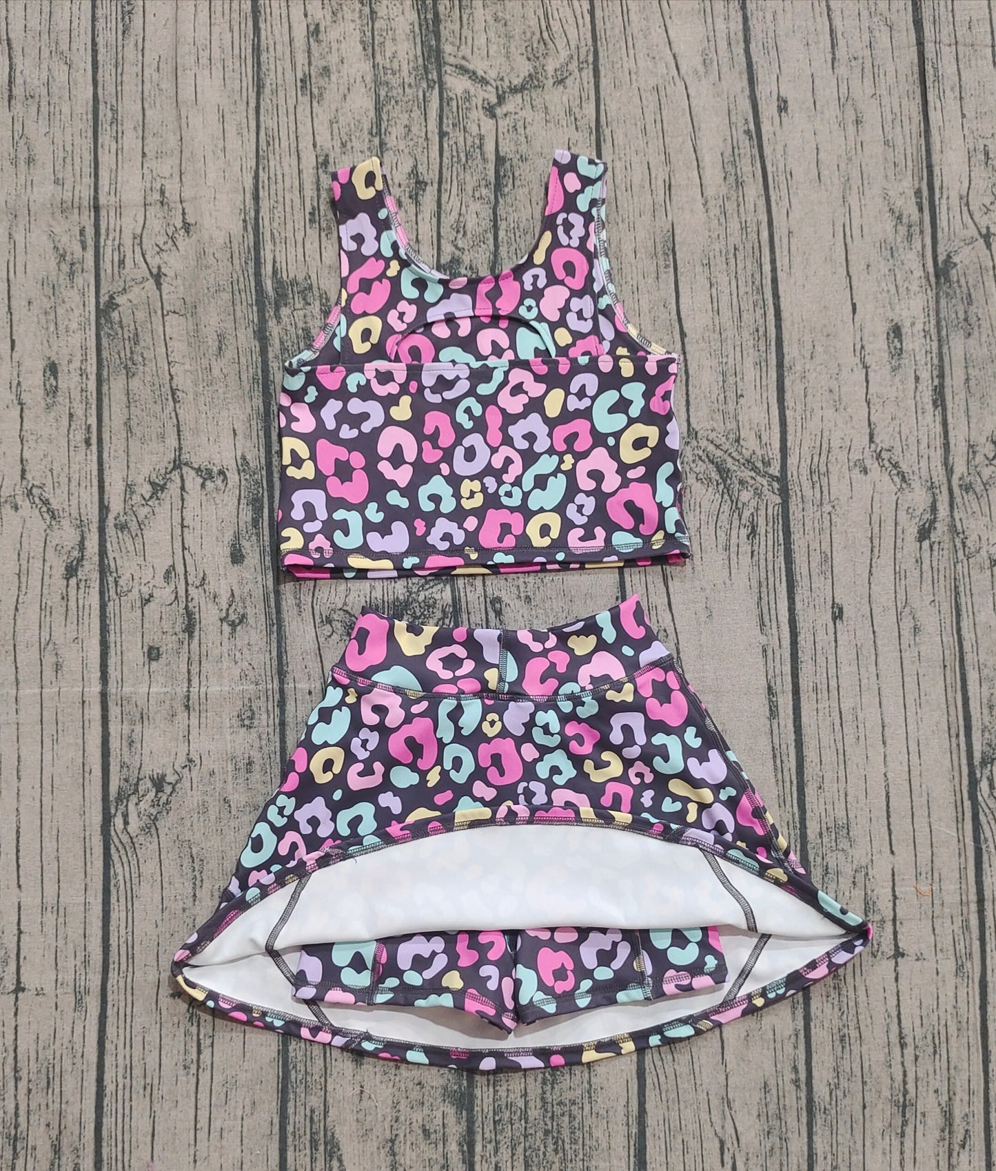 NO MOQ preorder GSD2176 Colored Leopard Sleeveless Top Skirts Shorts 2 pieces Girls Yoga Sets 202509