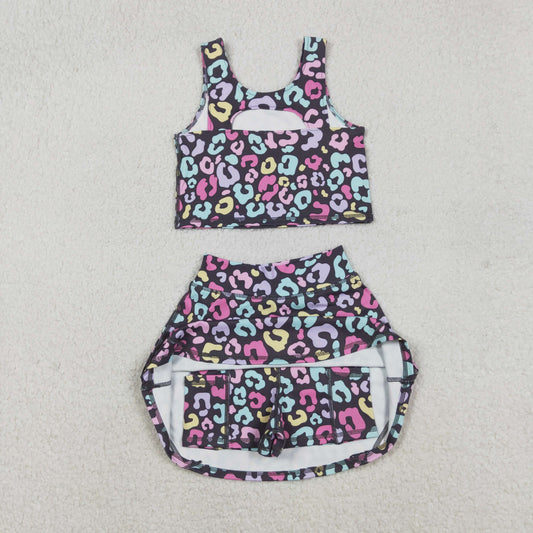 GSD2176 Colored Leopard Sleeveless Top Skirts Shorts 2 pieces Girls Yoga Sets 202511 RTS