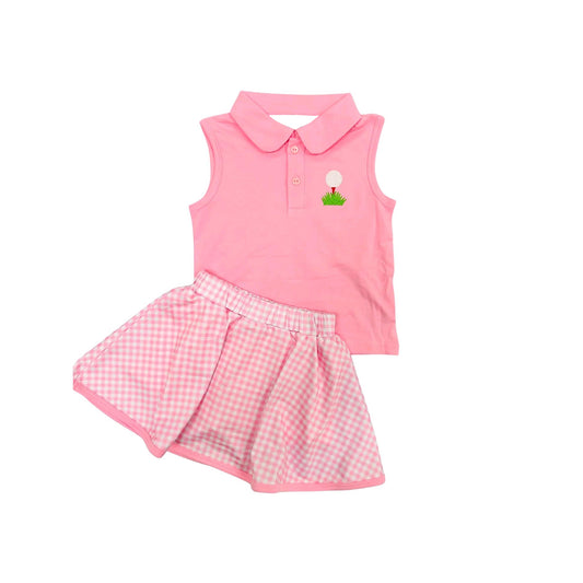 preorder GSD2177 Pure Pink Polo Sleeveless Top Skirts set Girls boutique outfit 202503