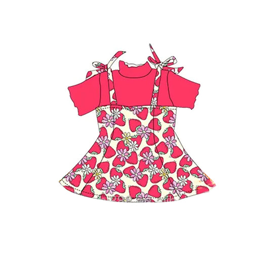 preorder GSD2178 yellow suspenders red strawberry flower short sleeve Dress Girls Boutique clothes 202503