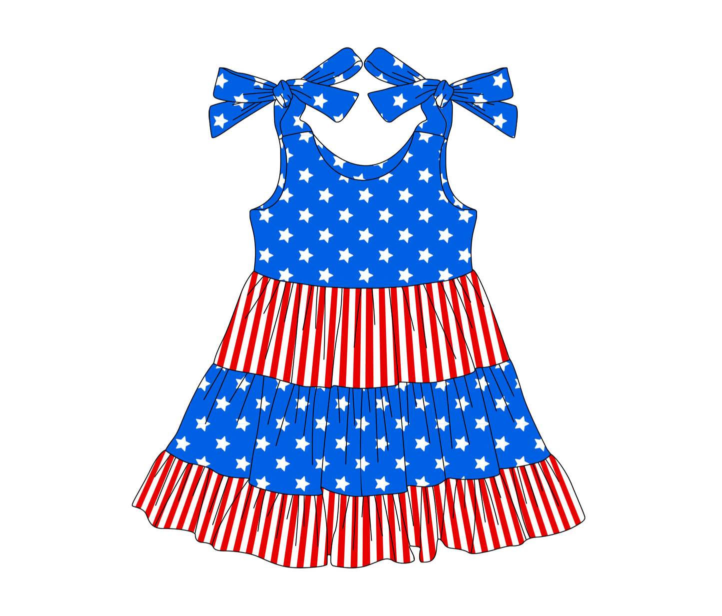 preorder GSD2185 4th of July Star Striped Red Blue Ruffle Sleeveless Dress Girls Boutique clothes 202503