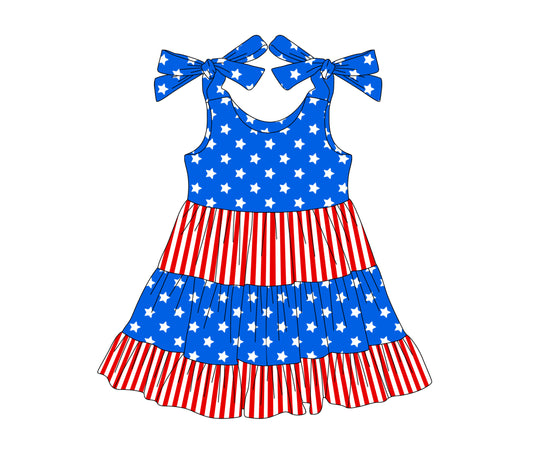 preorder GSD2185 4th of July Star Striped Red Blue Ruffle Sleeveless Dress Girls Boutique clothes  202503