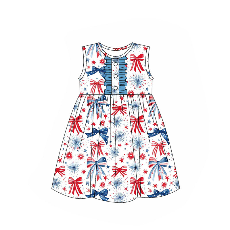 preorder GSD2186 4th of July Red Blue Star Bows fireworks White Ruffle Sleeveless Dress Girls Boutique clothes 202503
